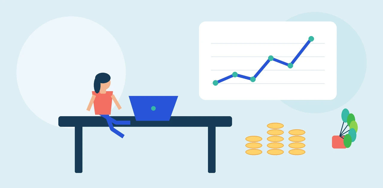 Empreendedora a analisar uma previsão de tesouraria, com gráfico semanal e moedas.
