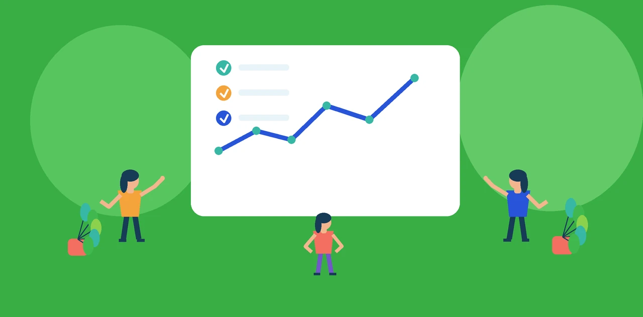 Equipa a rever um painel com checklist e gráfico no fecho financeiro mensal.