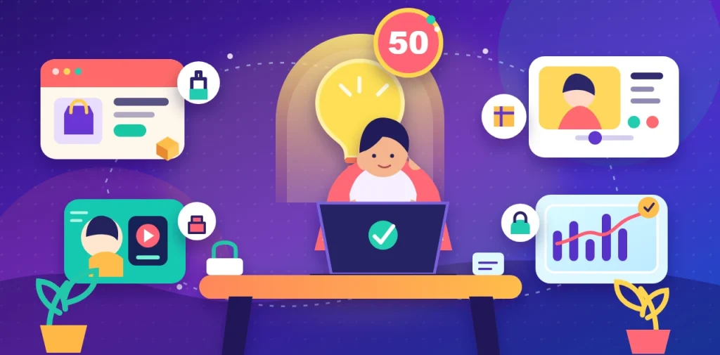 Empreendedora rodeada por cinquenta ideias de negócios online, incluindo comércio eletrónico, conteúdos, formação e software.
