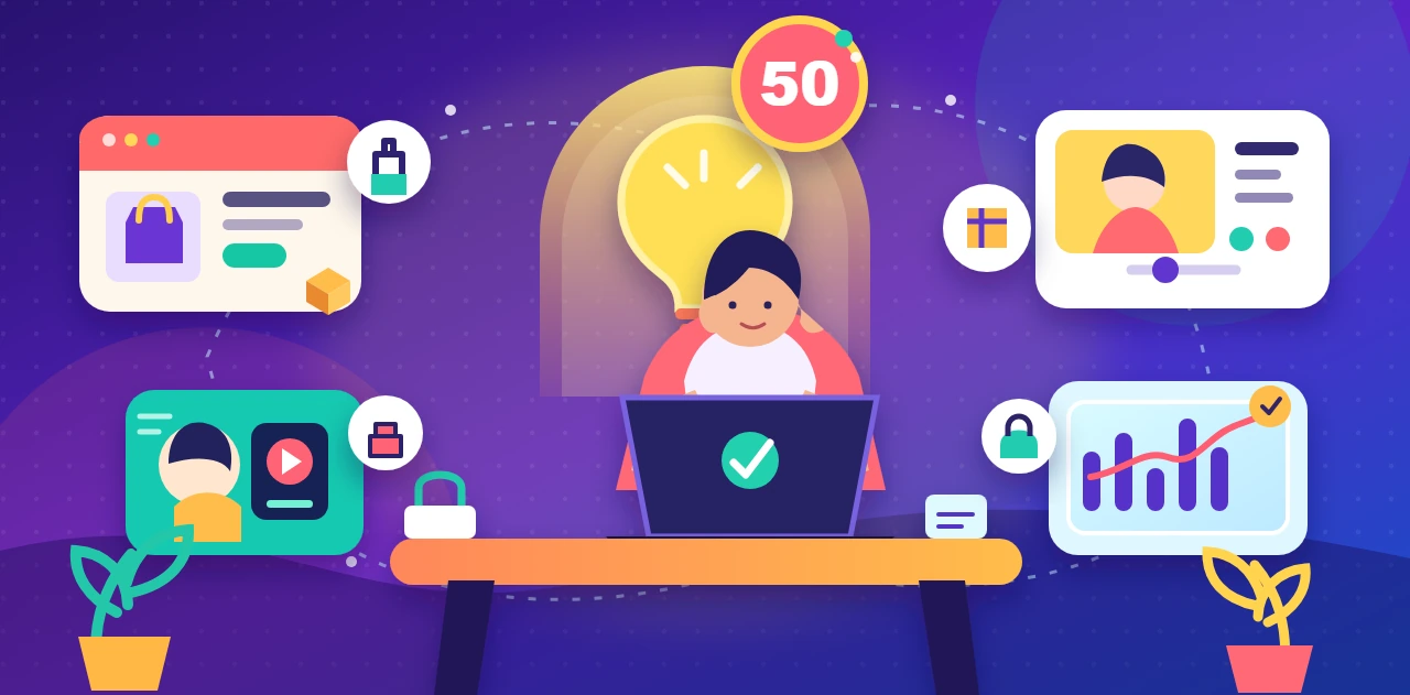 Empreendedora rodeada por cinquenta ideias de negócios online, incluindo comércio eletrónico, conteúdos, formação e software.