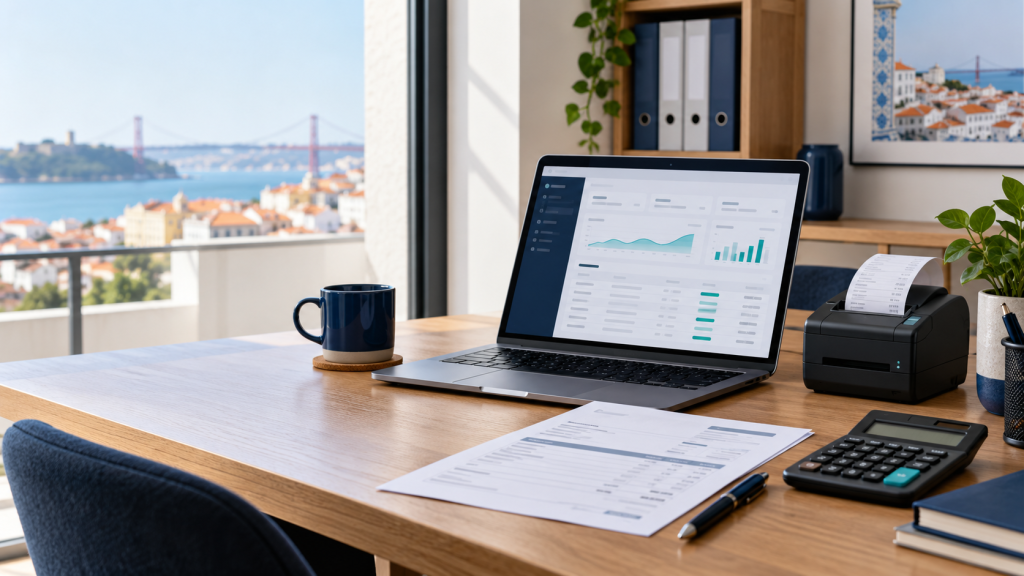 Posto de trabalho com software de faturação, impressora e calculadora