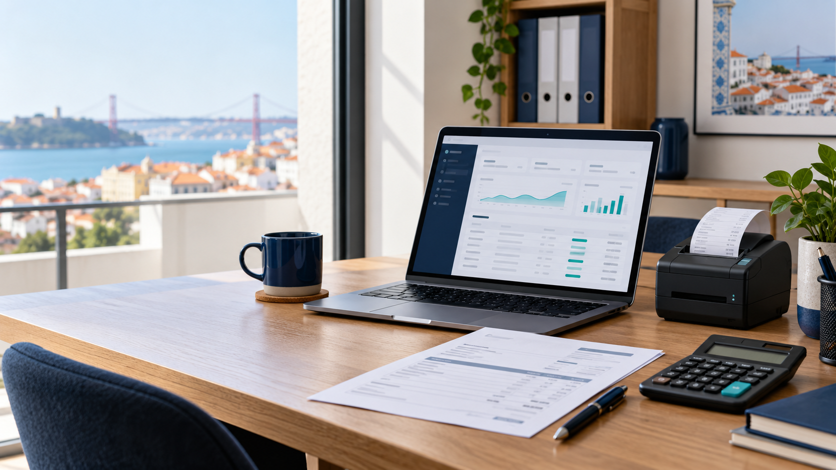 Posto de trabalho com software de faturação, impressora e calculadora