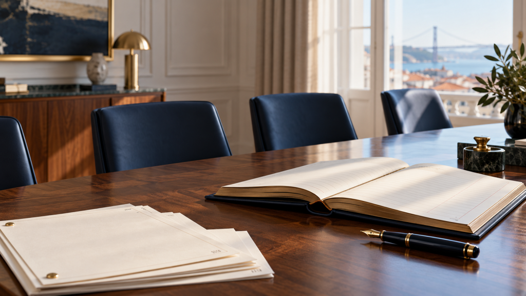 Livro de atas aberto e documentos numa mesa de reunião empresarial